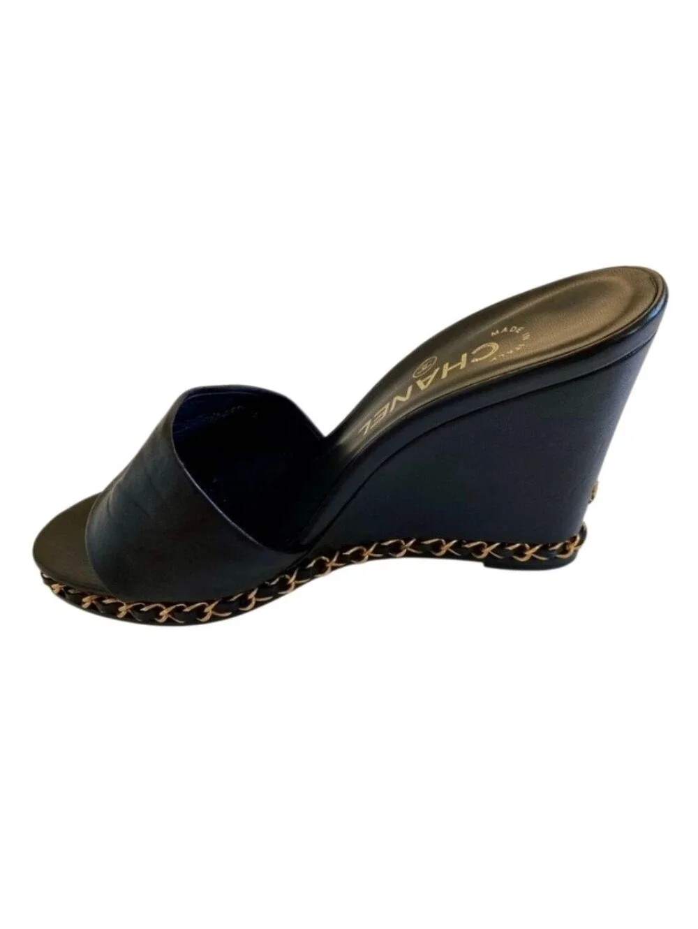 CHANEL Black Leather Chain Slide Mules with Gold Logo
